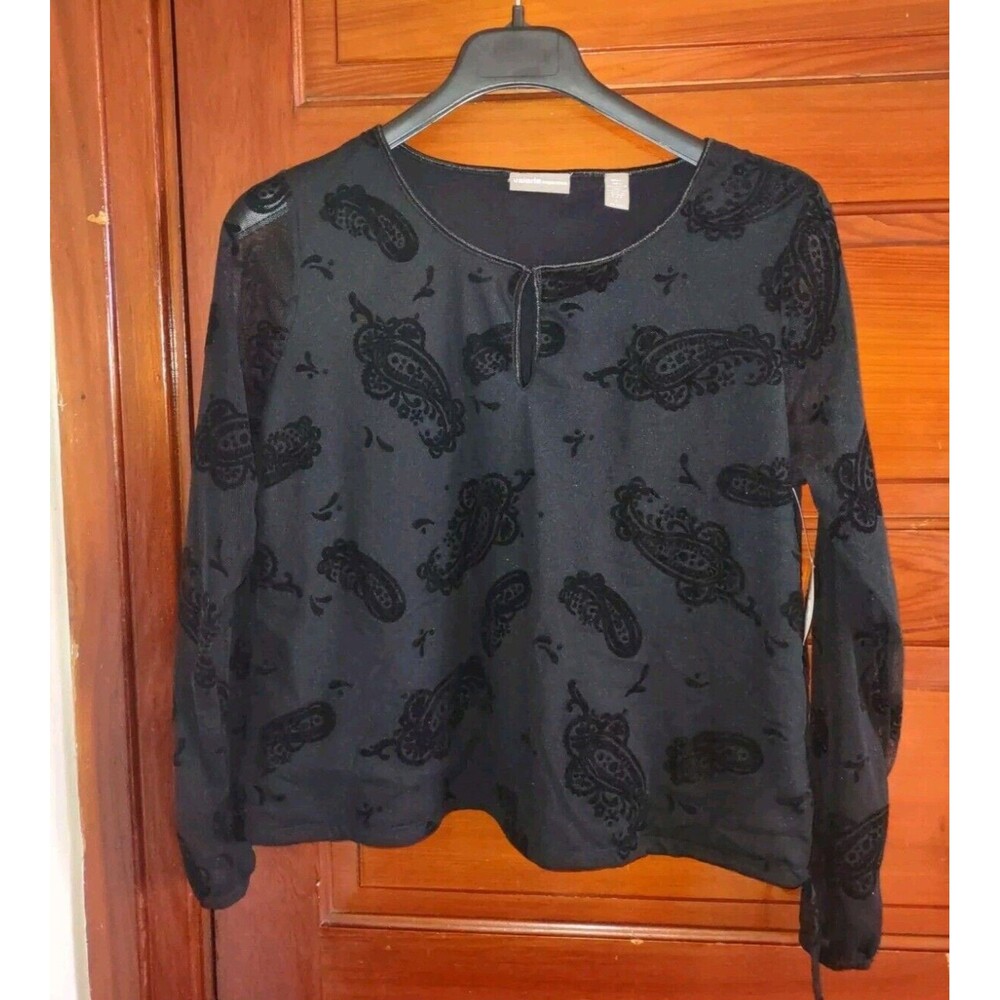 NWT Sz L Black Velvet Flocked Top Stretch Paisley Tie Waist Key Hole